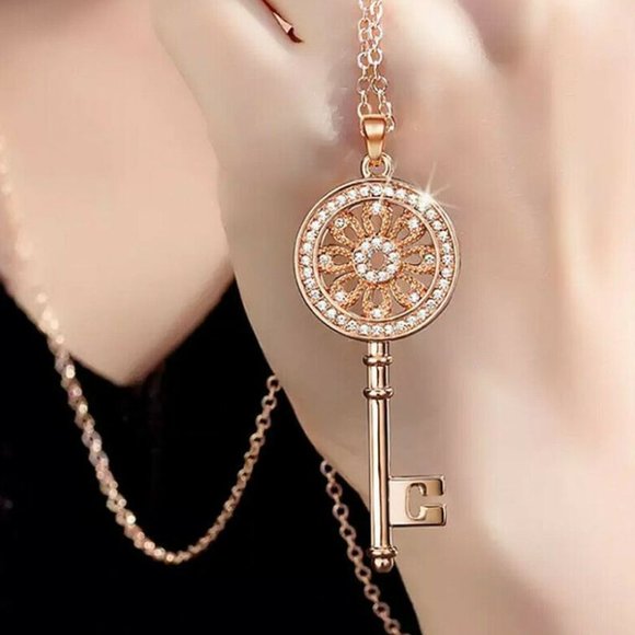 Rose Gold Diamond Flower Key Pendant Necklace - Picture 2 of 6